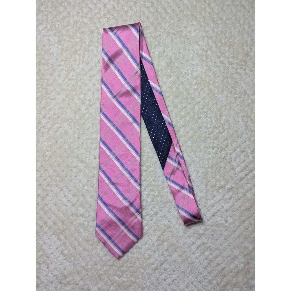 Tommy Hilfiger Mens Pink Plaid Silk Tie Blue Polka Dot Lining Classic Preppy